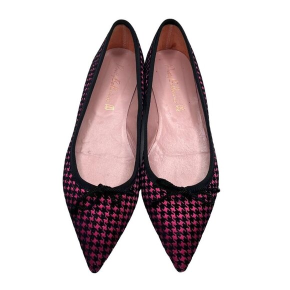 PRETTY BALLERINA ELLA BLACK FUCHSIA PINK HOUNDSTOOTH FRONT BOW FLAT SHOES - 9,5 - Picture 4 of 9